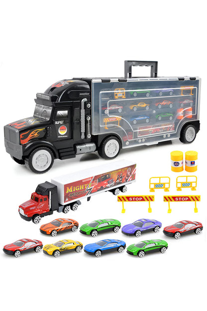 Set camion-trailer cu 9 mașinuțe, scara 1:22, tranzportă vehicule și semne de circulație