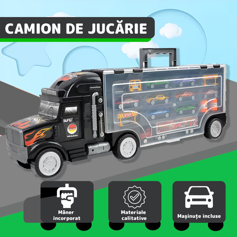 Set camion-trailer cu 9 mașinuțe, scara 1:22, tranzportă vehicule și semne de circulație