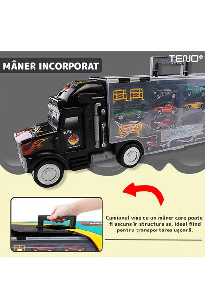 Set camion-trailer cu 9 mașinuțe, scara 1:22, tranzportă vehicule și semne de circulație