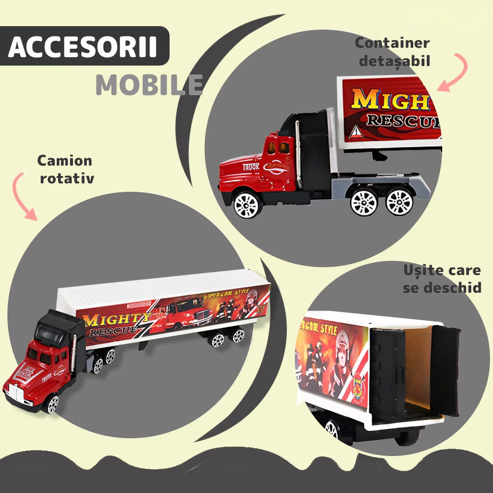 Set camion-trailer cu 9 mașinuțe, scara 1:22, tranzportă vehicule și semne de circulație