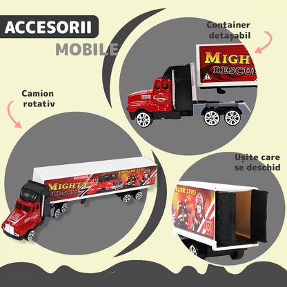 Set camion-trailer cu 9 mașinuțe, scara 1:22, tranzportă vehicule și semne de circulație