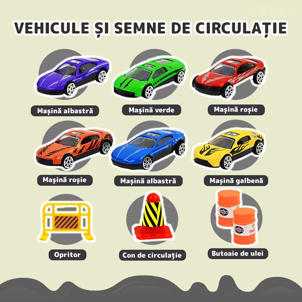 Set camion-trailer cu 9 mașinuțe, scara 1:22, tranzportă vehicule și semne de circulație