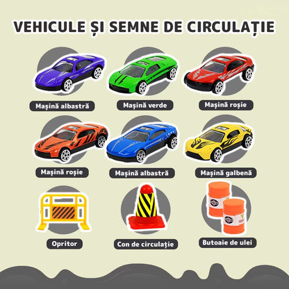 Set camion-trailer cu 9 mașinuțe, scara 1:22, tranzportă vehicule și semne de circulație