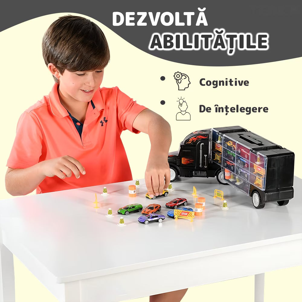 Set camion-trailer cu 9 mașinuțe, scara 1:22, tranzportă vehicule și semne de circulație