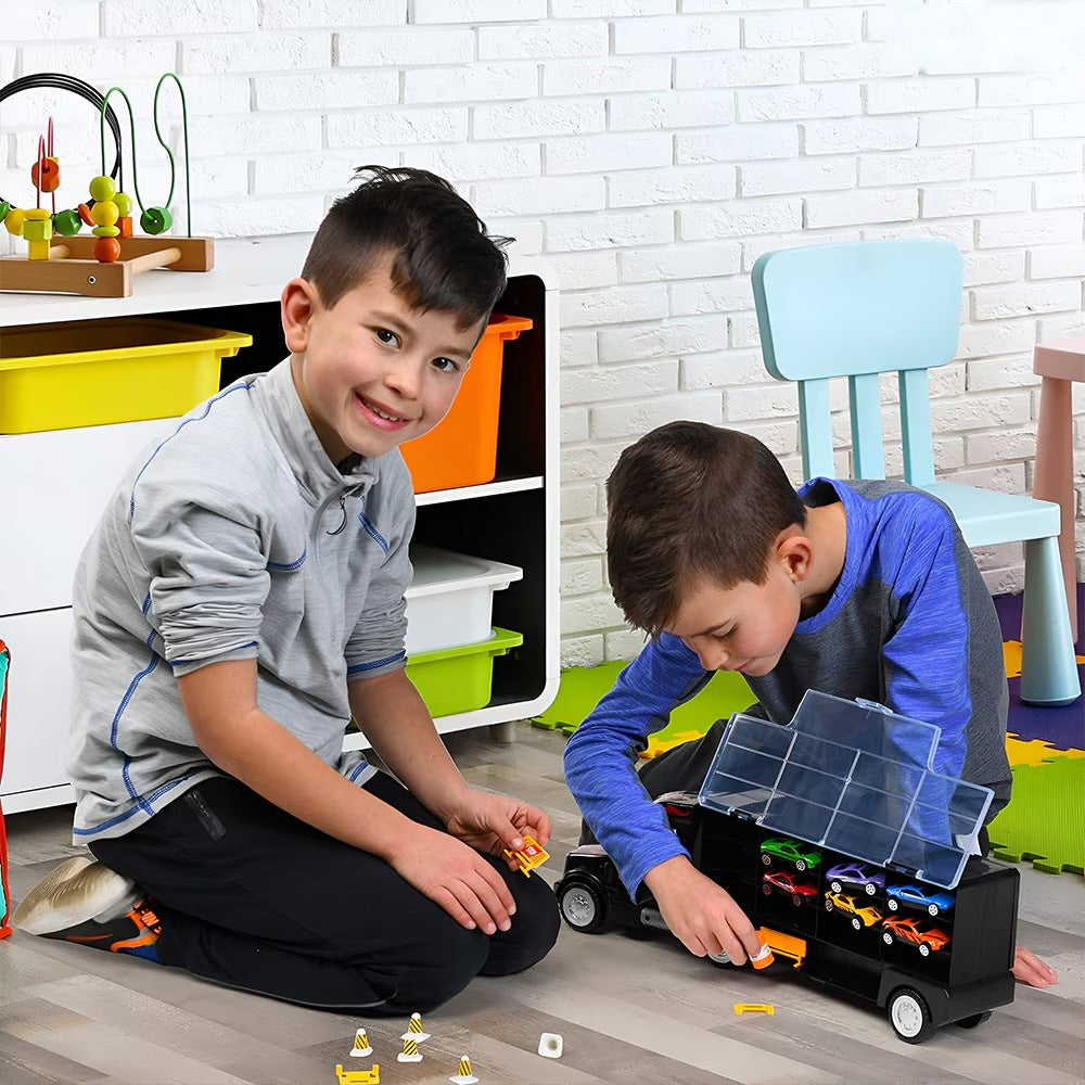 Set camion-trailer cu 9 mașinuțe, scara 1:22, tranzportă vehicule și semne de circulație