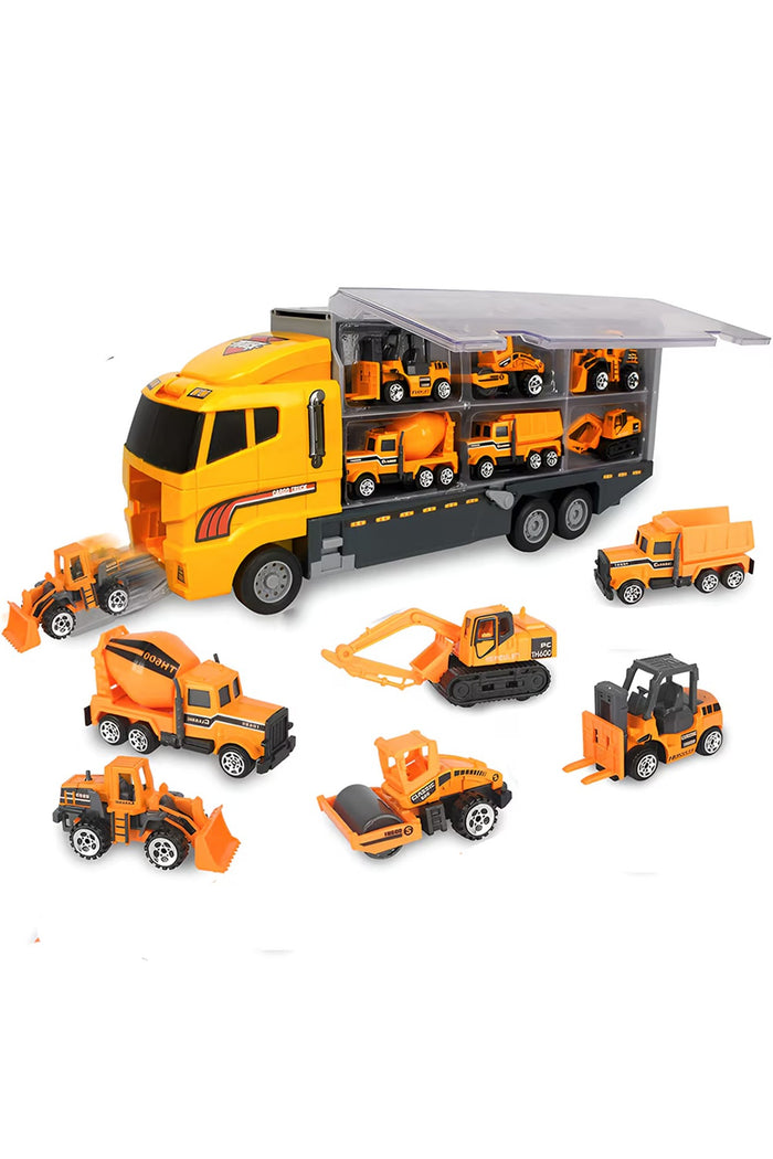 Set transportator utilaje constructii, 6 vehicule, buldozer, rampa lansare