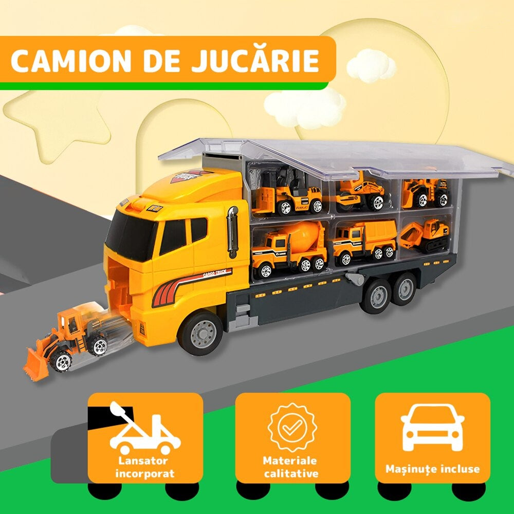 Set transportator utilaje constructii, 6 vehicule, buldozer, rampa lansare