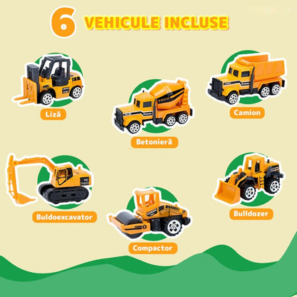 Set transportator utilaje constructii, 6 vehicule, buldozer, rampa lansare