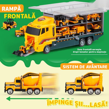 Set transportator utilaje constructii, 6 vehicule, buldozer, rampa lansare