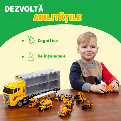 Set transportator utilaje constructii, 6 vehicule, buldozer, rampa lansare