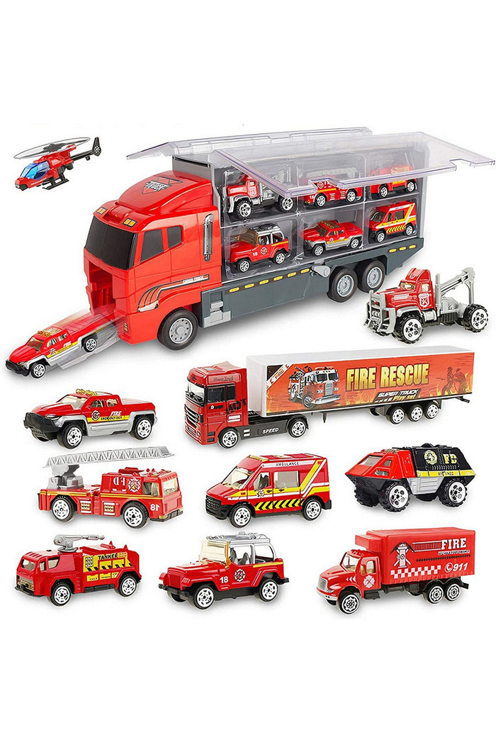 Set transportator pompieri, 10 vehicule, ambulanță, camion, rampa lansare