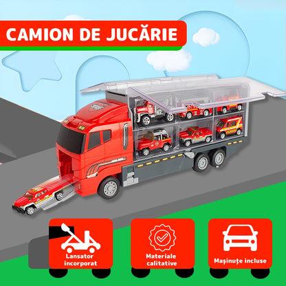 Set transportator pompieri, 10 vehicule, ambulanță, camion, rampa lansare