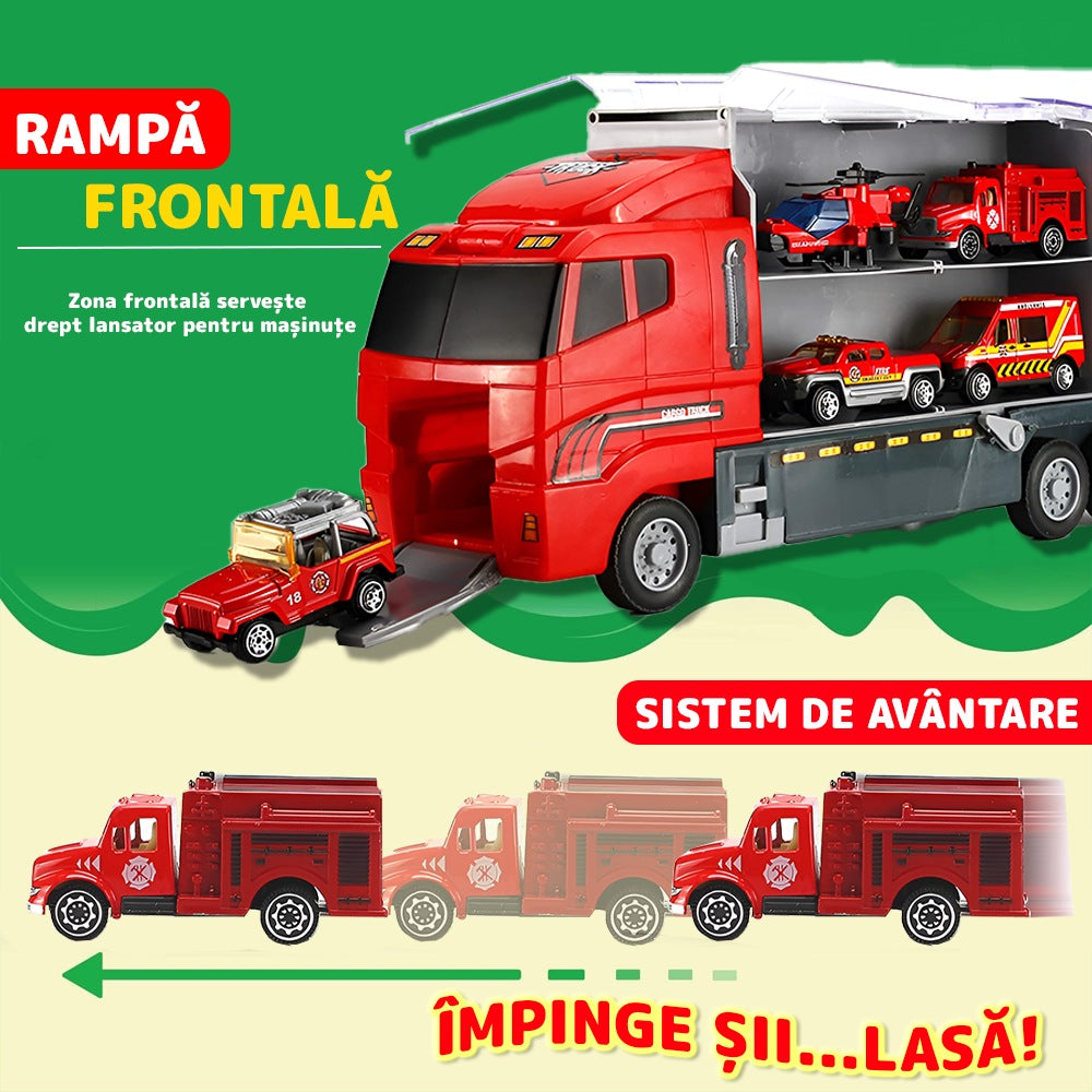 Set transportator pompieri, 10 vehicule, ambulanță, camion, rampa lansare