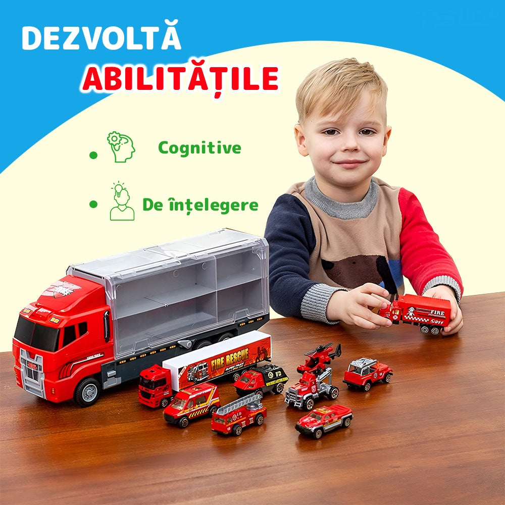 Set transportator pompieri, 10 vehicule, ambulanță, camion, rampa lansare