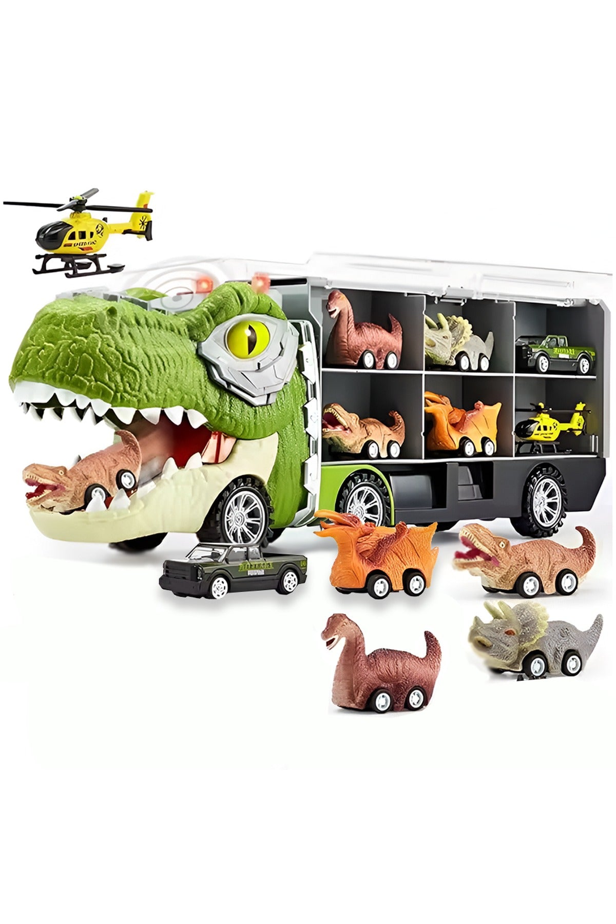 Set transportator T-REX, 6 vehicule, mașină, barcă, elicopter, verde deschis