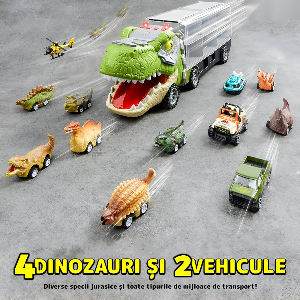 Set transportator T-REX, 6 vehicule, mașină, barcă, elicopter, verde deschis