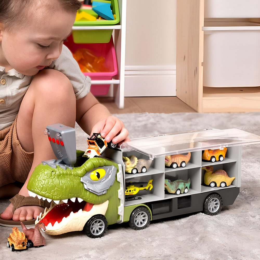 Set transportator T-REX, 6 vehicule, mașină, barcă, elicopter, verde deschis