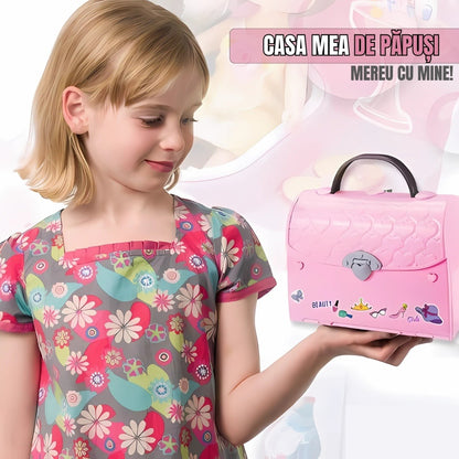 Căsuță de păpuși transformabilă în geantă, portabilă, cu accesorii, pentru joc creativ