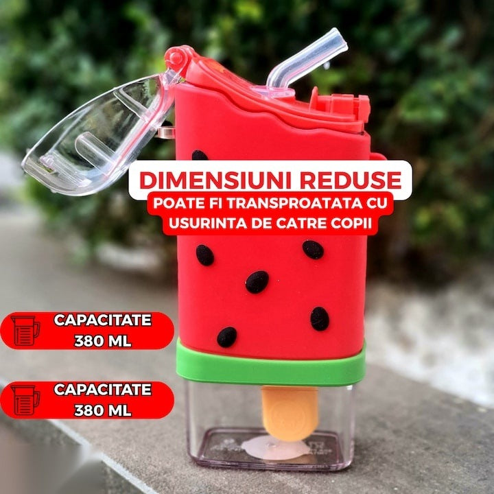 Sticlă de apă pentru copii, formă înghețată pepene, 300 ml, fără BPA, pai integrat, capac etanș, roșie