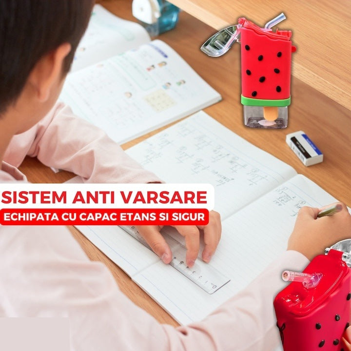 Sticlă de apă pentru copii, formă înghețată pepene, 300 ml, fără BPA, pai integrat, capac etanș, roșie