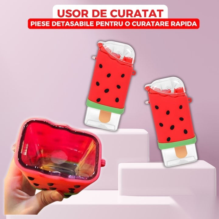 Sticlă de apă pentru copii, formă înghețată pepene, 300 ml, fără BPA, pai integrat, capac etanș, roșie