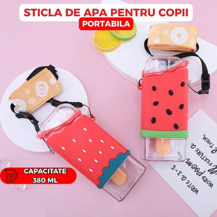 Sticlă de apă pentru copii, formă înghețată pepene, 300 ml, fără BPA, pai integrat, capac etanș, roșie