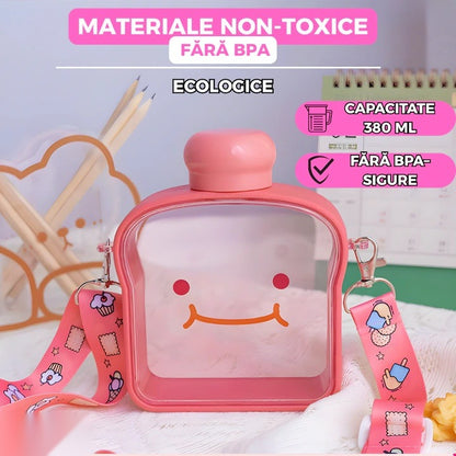 Sticlă de apă pentru copii, formă felie pâine, 380 ml, fără BPA, capac etanș, curea reglabilă, roz