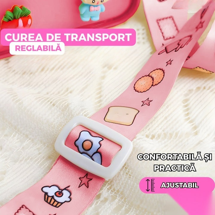 Sticlă de apă pentru copii, formă felie pâine, 380 ml, fără BPA, capac etanș, curea reglabilă, roz