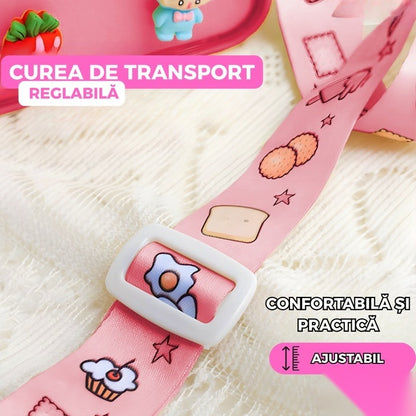 Sticlă de apă pentru copii, formă felie pâine, 380 ml, fără BPA, capac etanș, curea reglabilă, roz