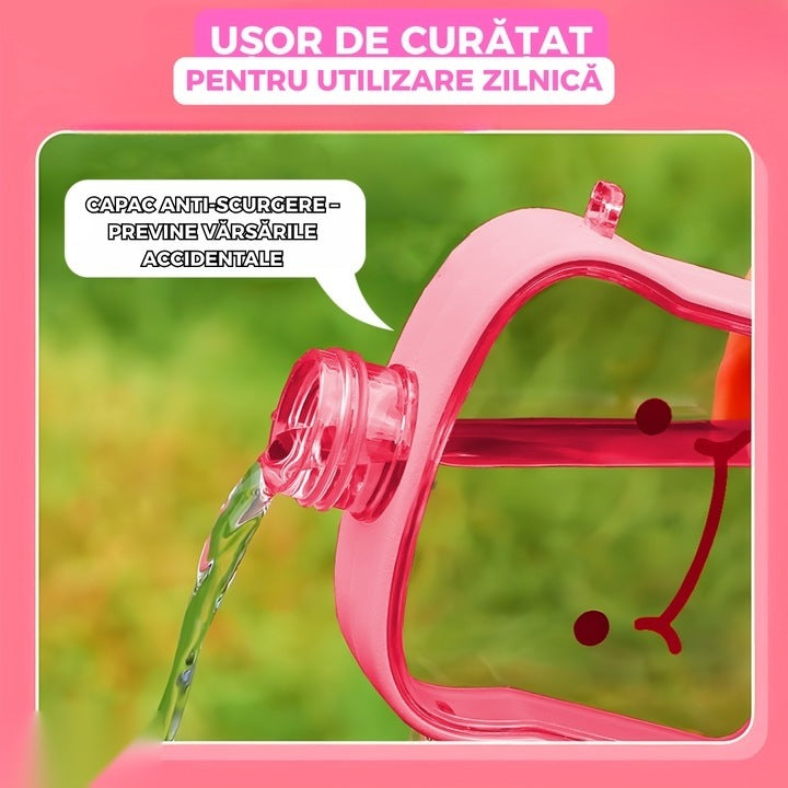 Sticlă de apă pentru copii, formă felie pâine, 380 ml, fără BPA, capac etanș, curea reglabilă, roz