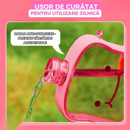 Sticlă de apă pentru copii, formă felie pâine, 380 ml, fără BPA, capac etanș, curea reglabilă, roz