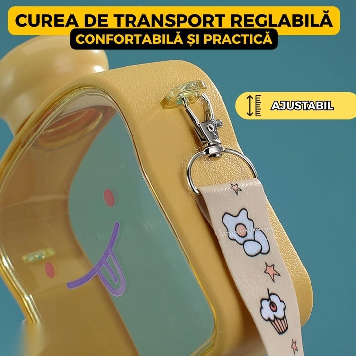 Sticlă de apă pentru copii, formă felie pâine, 380 ml, fără BPA, capac etanș, curea reglabilă, galbenă