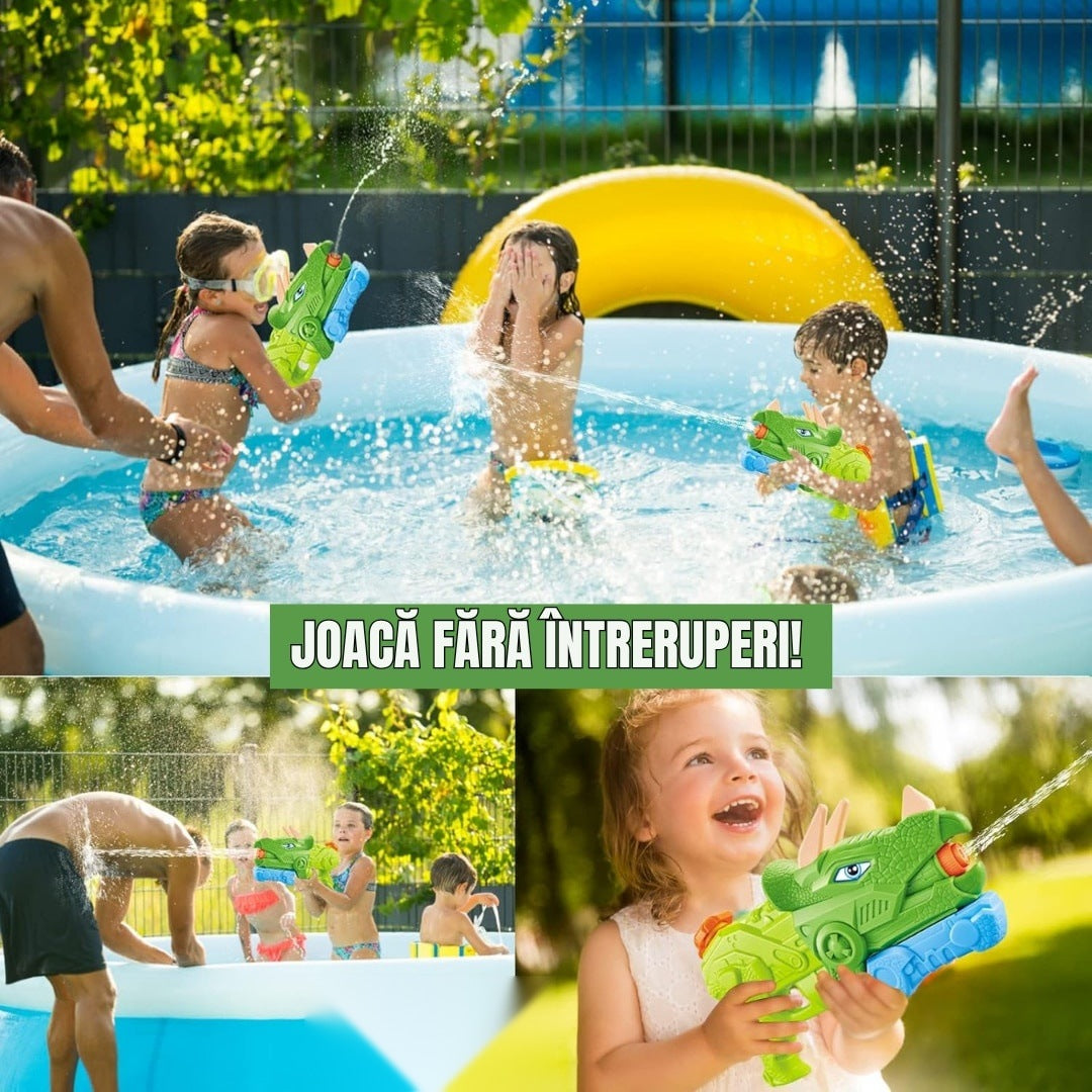 Pistol Apă Dinozaur, 1330 ml, 35 cm, 3 Duze, Rază 8 m, PVC Rezistent, Verde Muschi