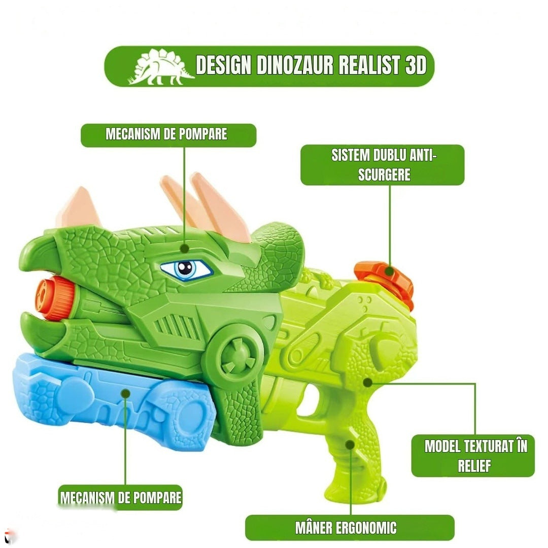 Pistol Apă Dinozaur, 1330 ml, 35 cm, 3 Duze, Rază 8 m, PVC Rezistent, Verde Muschi
