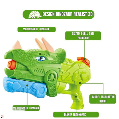 Pistol Apă Dinozaur, 1330 ml, 35 cm, 3 Duze, Rază 8 m, PVC Rezistent, Verde Muschi