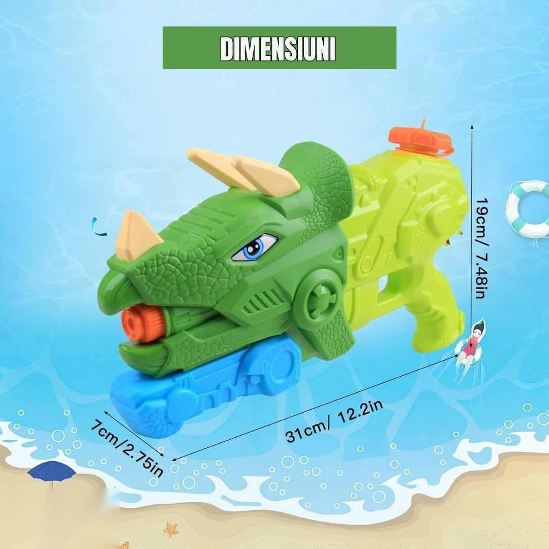 Pistol Apă Dinozaur, 1330 ml, 35 cm, 3 Duze, Rază 8 m, PVC Rezistent, Verde Muschi