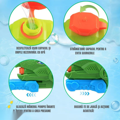 Pistol Apă Dinozaur, 1330 ml, 35 cm, 3 Duze, Rază 8 m, PVC Rezistent, Verde Muschi