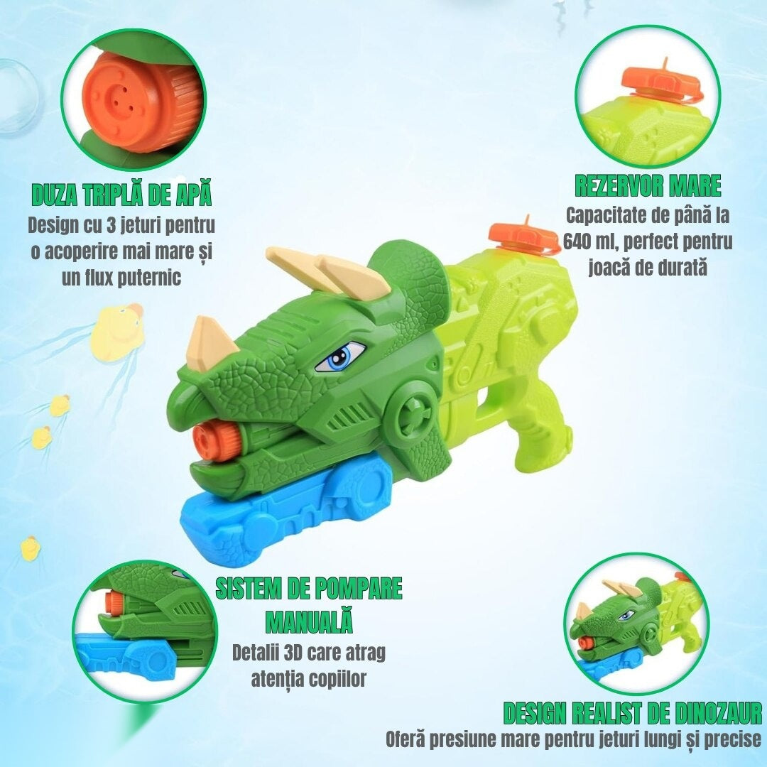 Pistol Apă Dinozaur, 1330 ml, 35 cm, 3 Duze, Rază 8 m, PVC Rezistent, Verde Muschi